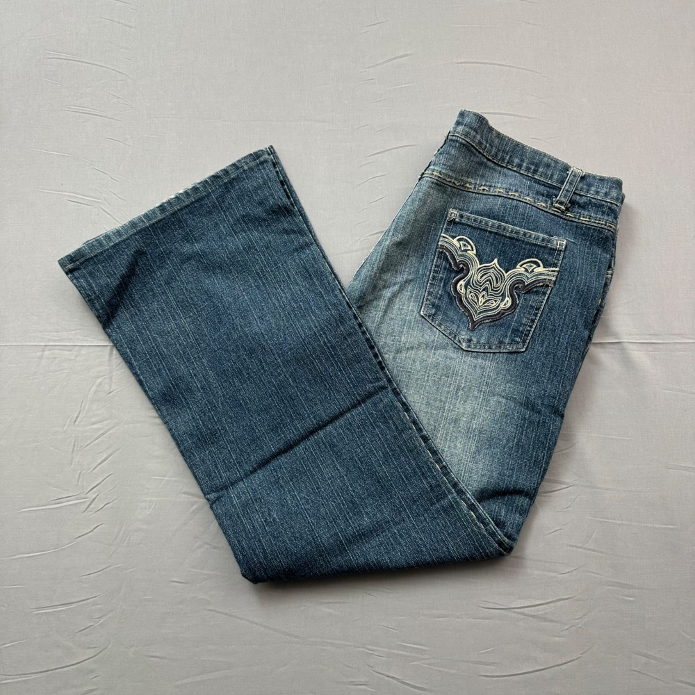 VTG Bisou Bisou Jeans Womens 16‎ Blue Flare Embroidered Pocket Whipstitch Denim